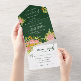 Invitación Todo En Uno Boda Verde Oscuro Floral Botánico