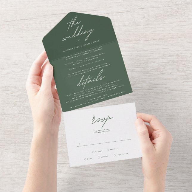 Invitación Todo En Uno Boda verde oscuro mosquito simple moderno (desgarro)
