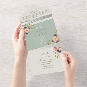 Invitación Todo En Uno Boda verde rosa y sabio