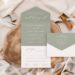 Invitación Todo En Uno Boda verde sabio clásico elegante<br><div class="desc">Clásico y elegante color verde sabio todo en una sola invitación de boda es una única opción de tres veces invitada que es auto-cerrada, sellada, enviada por correo a los invitados con una tarjeta postal RSVP desmontable; ¡no necesitas sobres! El diseño presenta acentos modernos de escritura caligráfica con tipografía de...</div>