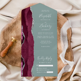 Invitación Todo En Uno Boda verde sabio de la hierba de plata de Borgoña