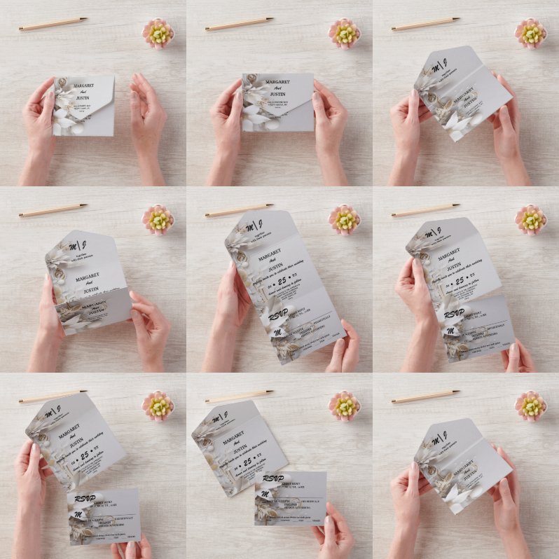 Invitación Todo En Uno Boda vinícola de flores plateadas navidades