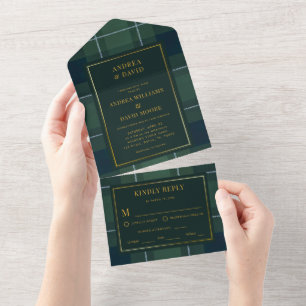 Invitación Todo En Uno Boda Vintage de Cuadro de Tartán Verde Oscuro