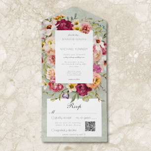 Invitación Todo En Uno Boda Vintage de salvia floral amarilla rosa QR