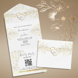 Invitación Todo En Uno Boda Vintage Elegante Floral Corazón de Oro 