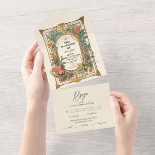 Invitación Todo En Uno Boda Vintage Floral Art Nouveau