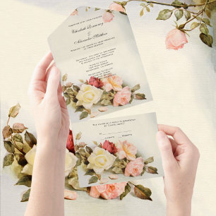 Invitación Todo En Uno Boda Vintage Flores de Rosal Antiguo Jardín