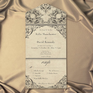 Invitación Todo En Uno Boda Vintage Hasta la Muerte Negro Pergamino Beige