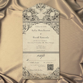 Invitación Todo En Uno Boda Vintage Hasta la Muerte Negro Pergamino QR