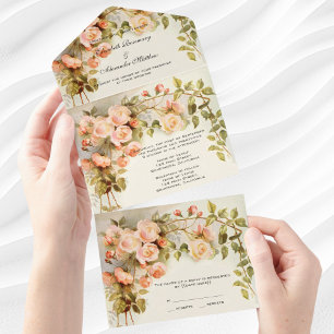 Invitación Todo En Uno Boda Vintage Rosa Jardín Antiguo Flores Florales