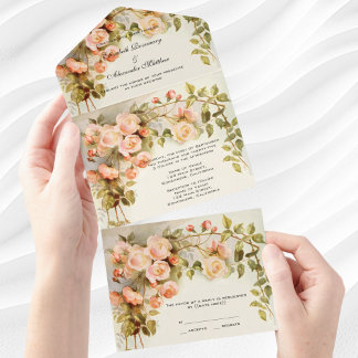 Invitación Todo En Uno Boda Vintage Rosa Jardín Antiguo Flores Florales