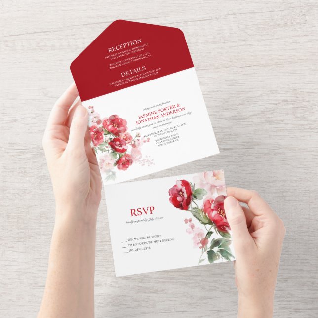 Invitación Todo En Uno Boda Vivid Red Roses (desgarro)