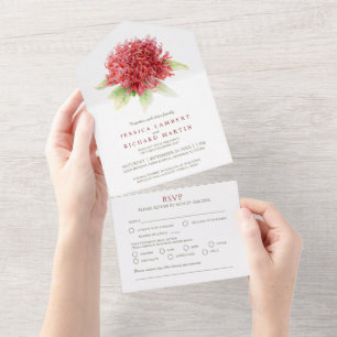 Invitación Todo En Uno Boda waratah flor acuarela foto harina RSVP