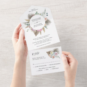 Invitación Todo En Uno Boda Watercolor Boho Floral Pampas