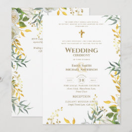 Invitación Todo en uno Bodas Católicas con Verde y Oro Blanco