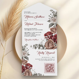 Invitación Todo En Uno Bodas Código QR Floral Rosas Rojas Borgoña
