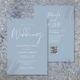 Invitación Todo en uno Bodas con código QR azul polvoriento