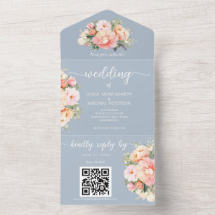 Invitación Todo En Uno Bodas con código QR de peonías azules polvorientas