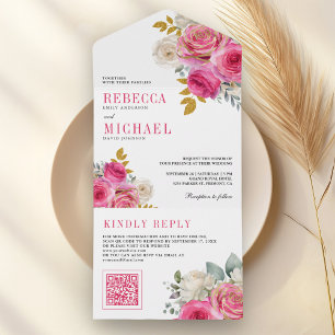 Invitación Todo En Uno Bodas de código QR floral de rosas rosa fucsia