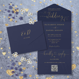 Invitación Todo En Uno Bodas de Corazones en Tipografía Script Navy Azul 