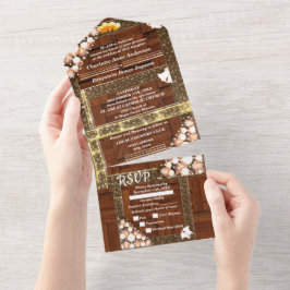 Invitación Todo En Uno Bodas de cuentas de purpurina dorada boho chic rús