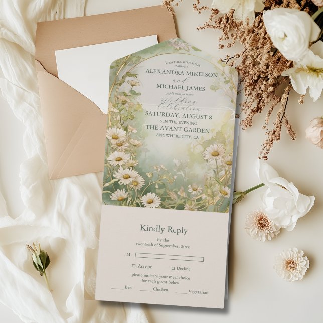 Invitación Todo En Uno Bodas de Daisies Marfil Verde Art Nouveau (Subido por el creador)