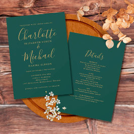 Invitación Todo en uno Bodas de Escritura en Verde Esmeralda 