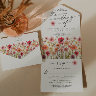Invitación Todo En Uno Bodas de flores silvestres boho flores coloridas