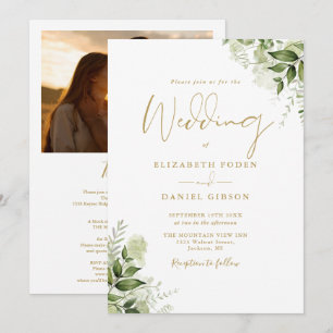 Invitación Todo en uno Bodas de Fotos Florales Verdes Doradas