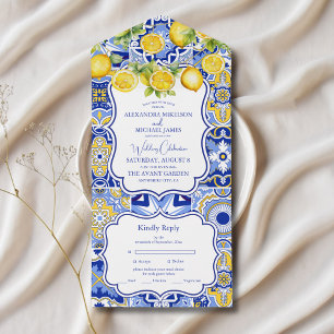 Invitación Todo En Uno Bodas de limones con azulejos azules