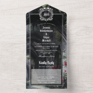Invitación Todo En Uno Bodas de monograma floral de rosas de ruinas gótic