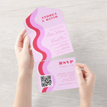 Bodas de Olas Retro en Rosa y Rojo con Código QR R