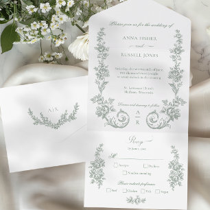 Invitación Todo En Uno Bodas de rosas barrocas Elegante Sage