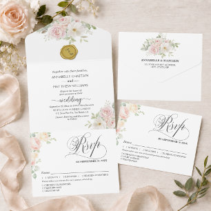 Invitación Todo En Uno Bodas de Rosas Elegantes de Color Rosa Suave