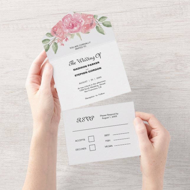 Invitación Todo En Uno Bodas de Rosas Rosadas (desgarro)