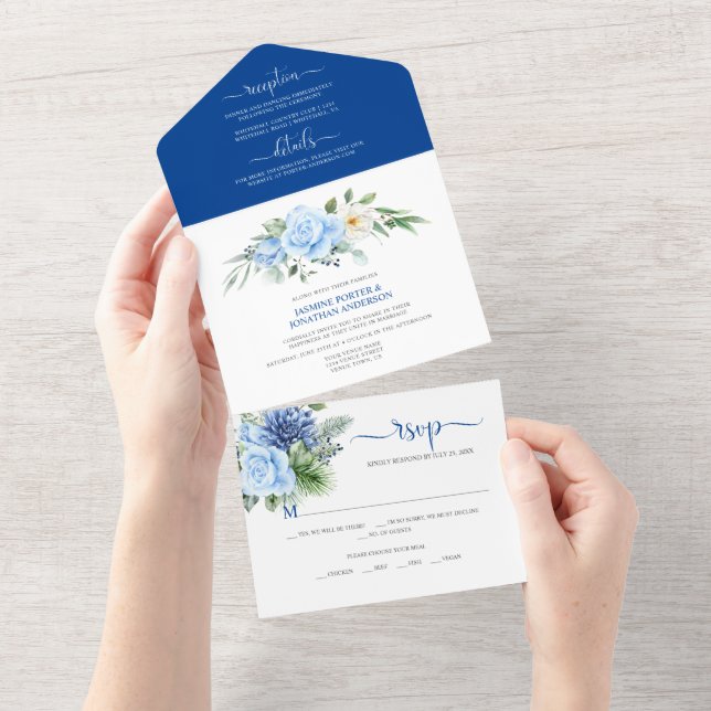 Invitación Todo En Uno Bodas de Rosas y Dalias Azules y Blancas (desgarro)