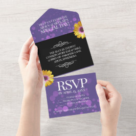Invitación Todo En Uno Bodas Elegantes Margaritas Doradas con Brillo Púrp