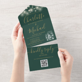Invitación Todo En Uno Bodas Luces Código QR Verde Y Dorado En Tarros De 