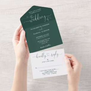 Invitación Todo En Uno Bodas Minimalistas Escritura Verde Esmeralda Coraz