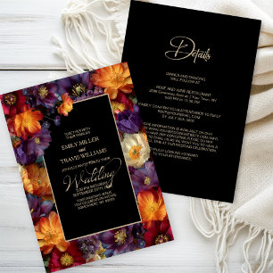 Invitación Todo en uno Bodas Negras Florales Púrpura y Naranj