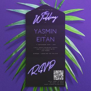 Invitación Todo En Uno Bodas Negras Modernas con Luces de Neón Moradas Br
