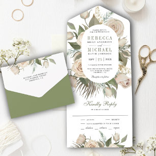Invitación Todo En Uno Bodas Rústicas Boho Rosas Marfil Hojas Verde Salvi