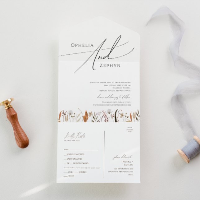 Invitación Todo En Uno Boho Autumn Wildflower Simple Casual Seal y Send (Subido por el creador)