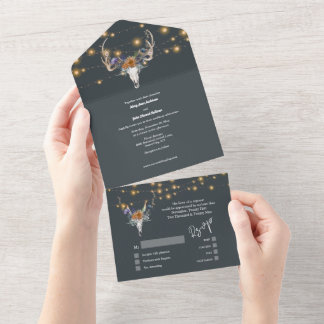 Invitación Todo En Uno Boho azul floral naranja luces de cuerda púrpura m