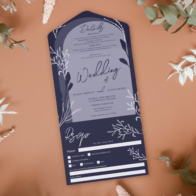 Invitación Todo En Uno Boho azul marino foto floral rústico boda (Subido por el creador)