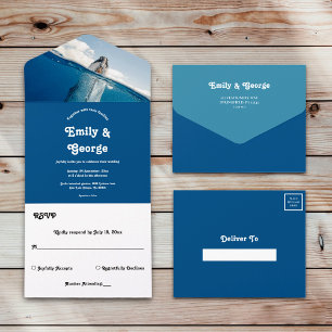 Invitación Todo En Uno Boho Beach Wedding de la Marina en el océano azul 