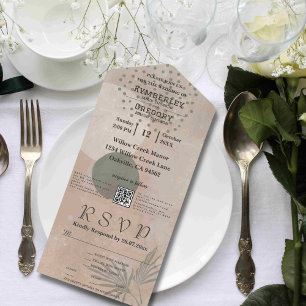 Invitación Todo En Uno Boho Beige Forma de resumen verde QR Código Minima