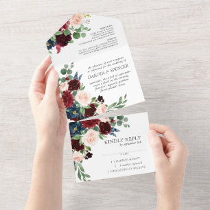 Invitación Todo En Uno Boho Bloom Floral azul borgoñona y roja