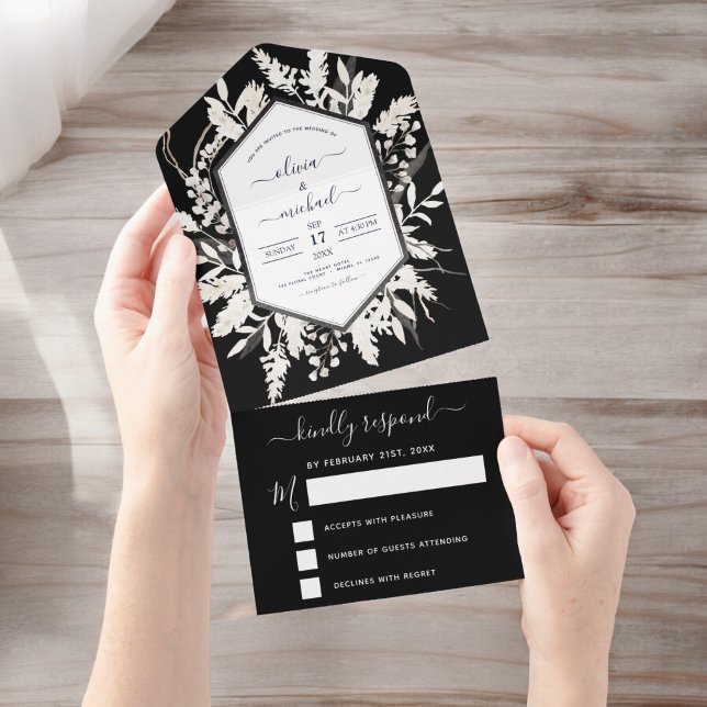 Invitación Todo En Uno Boho Boda Botánico Beige Blanco Negro (Subido por el creador)