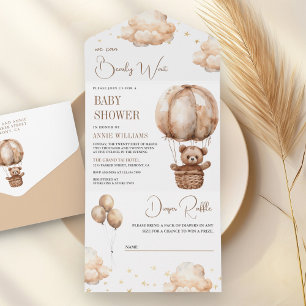 Invitación Todo En Uno Boho Brown Teddy Bear Hot Air Balloon Baby Shower